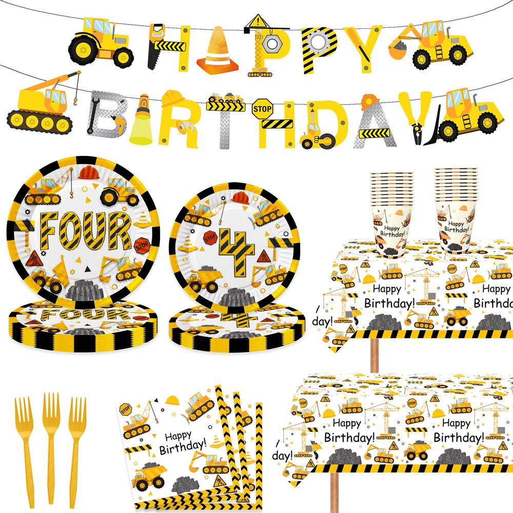 118 Pcs Construction 4th Birthday Decor Construction Four Years Old Paper Dinner Plates Napkins Forks Cups Tablecloth Banner Dinnerware for Dump Truck Theme Fouth Bday Party Supplies Decorations