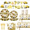118 Pcs Construction 4th Birthday Decor Construction Four Years Old Paper Dinner Plates Napkins Forks Cups Tablecloth Banner Dinnerware for Dump Truck Theme Fouth Bday Party Supplies Decorations view 1