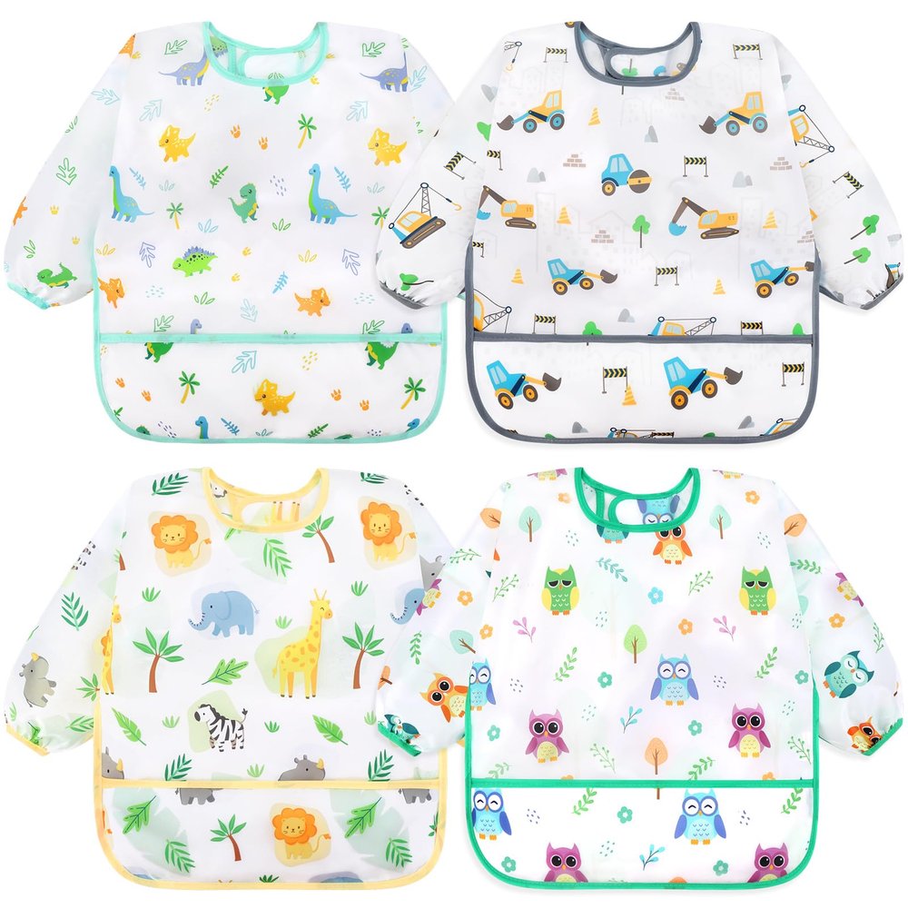 Accmor 4 Pack Long Sleeve Bibs, Baby Smock Waterproof Sleeved Bib Smock for Baby Toddler 24-36 Months