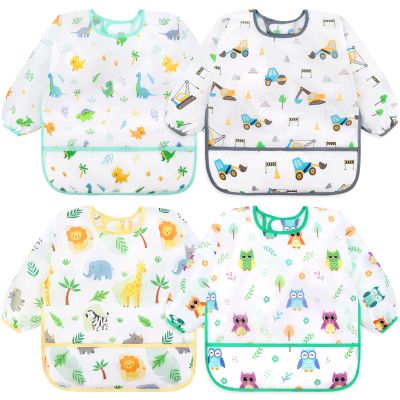 Accmor 4 Pack Long Sleeve Bibs, Baby Smock Waterproof Sleeved Bib Smock for Baby Toddler 6-24 Months