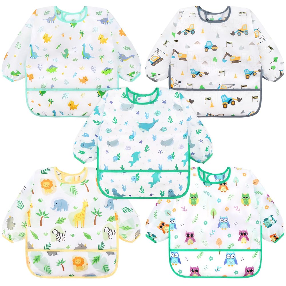 Accmor 5 Pack Long Sleeve Bibs, Baby Smock Waterproof Sleeved Bib Smock for Baby Toddler 6-24 Months