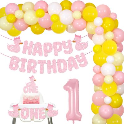 Duck 1st Birthday Decorations Pink Glitter One Lucky Duck High Chair Banner Birthday Banner Cake Topper Number 1 Foil Balloon Balloon Garland Arch Kit for Girls First Bday Party Supplies