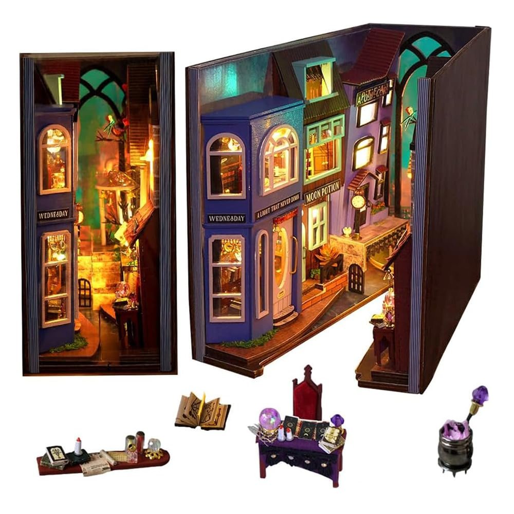 DIY Book Nook Kit Magic House Street View Architectural Model Handmade Desk Insert Decoration Wooden Mini Doll House Youth and Adult Best Gift (Magic House)