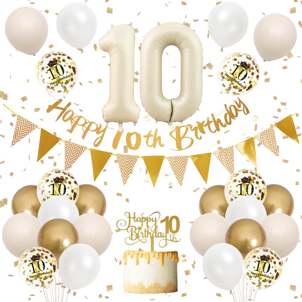 10th Birthday Decorations Sand White Gold,10th Birthday Balloons Beige Gold,Happy 10th Birthday Banner with Cake Toppers Number 10 Balloons for Girls Boys Birthday Party Decoration