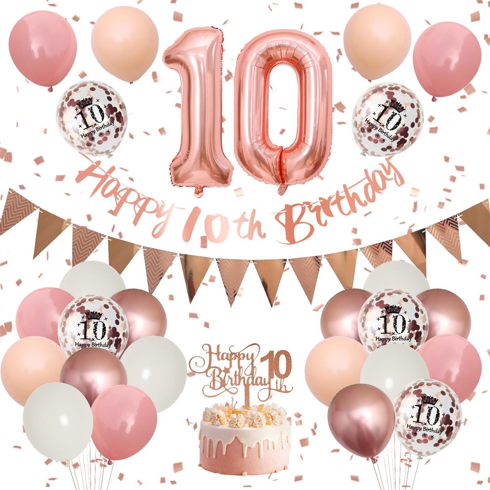 10th Birthday Decorations - Retro Pink Rose Gold, Happy 10th Birthday Banner with Cake Toppers, Number 10 Balloons, Confetti Balloons for Girls Birthday Party