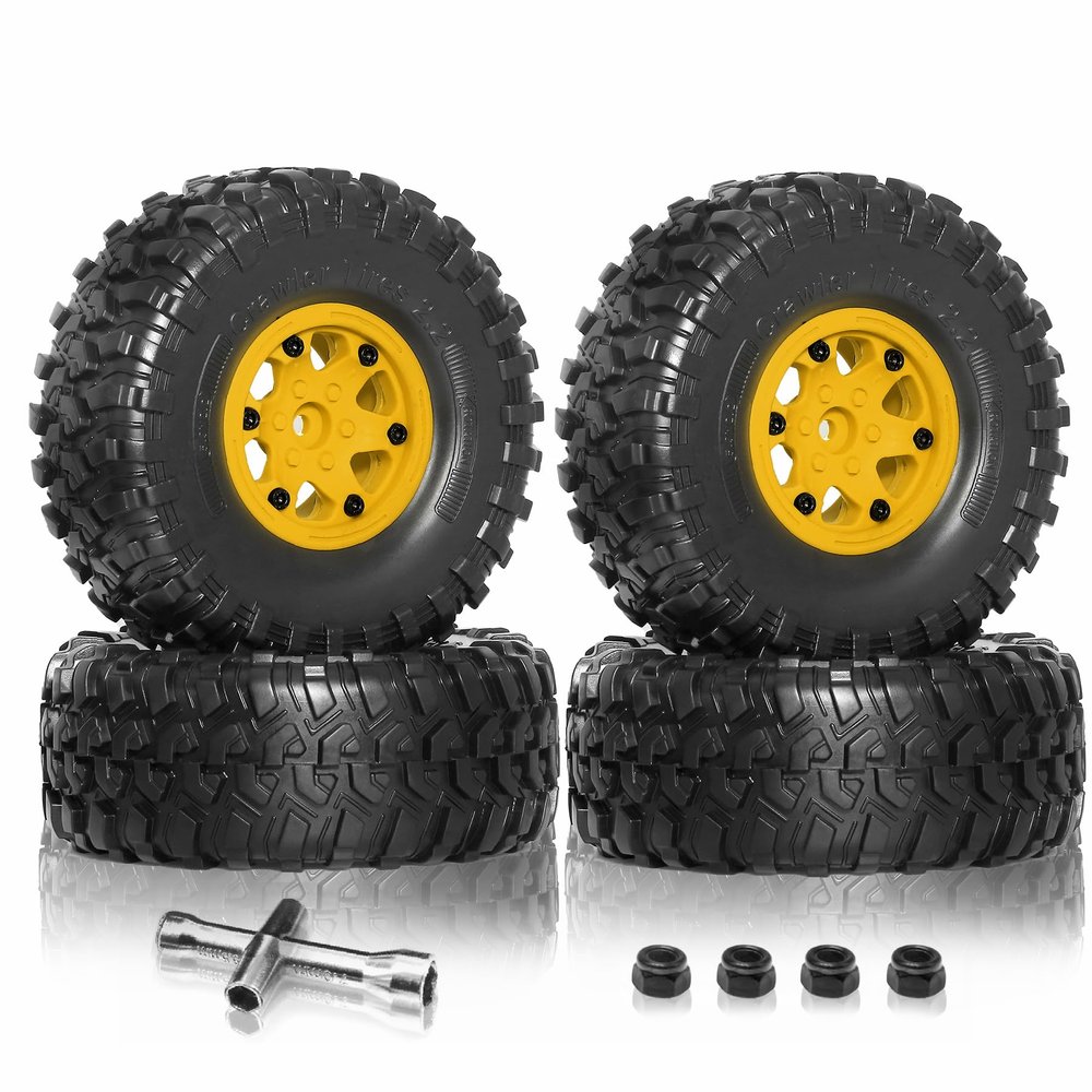 2.2 beadlock Wheels and Tires 4PcsPlastic Wheels with Lightweight DesignAll Terrain Tires.for 1:10 RC Rock Crawler Axial SCX10 Canyon Trail 105Rims TRX4 TRX6#8174 (Yellow)