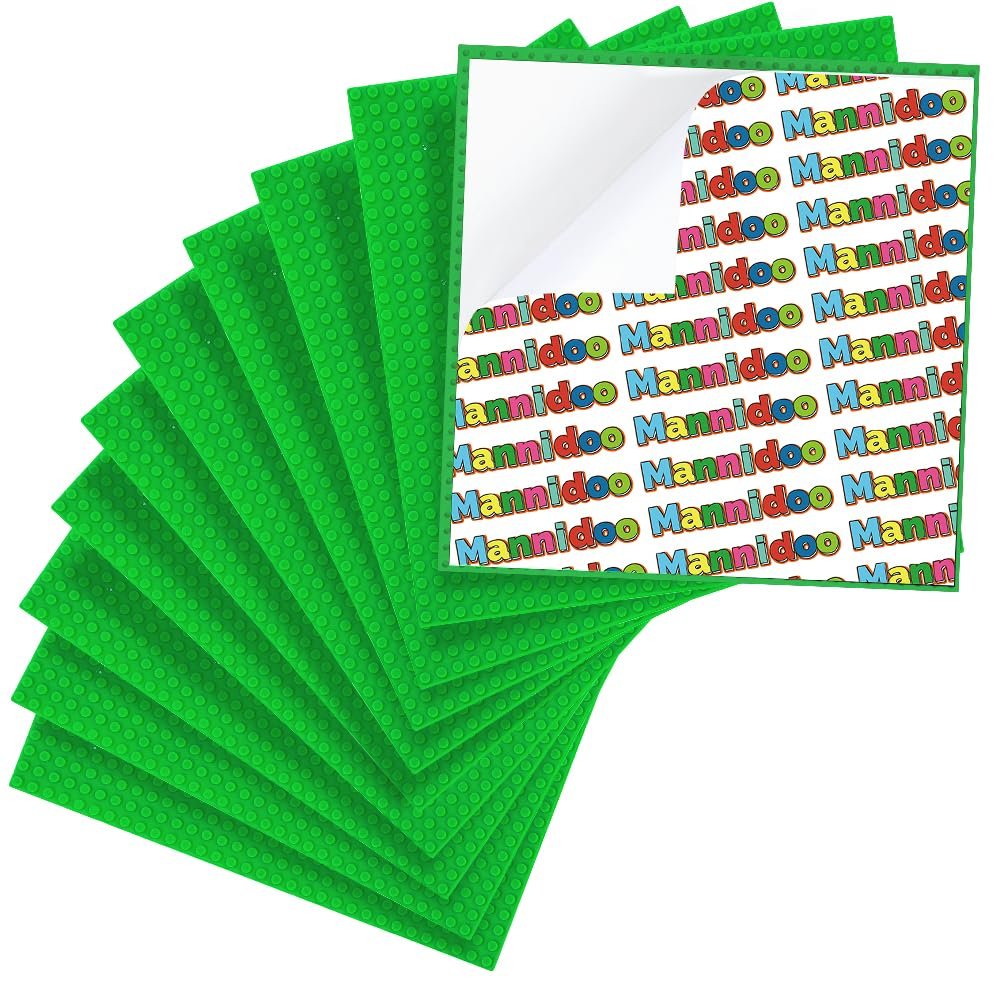 MANNIDOO Peel-and-Stick Baseplates, 10 Packs 10" x 10 Classic Adhesive Building Base Plates for Walls and Tables - Compatible with All Major Brands (Green)