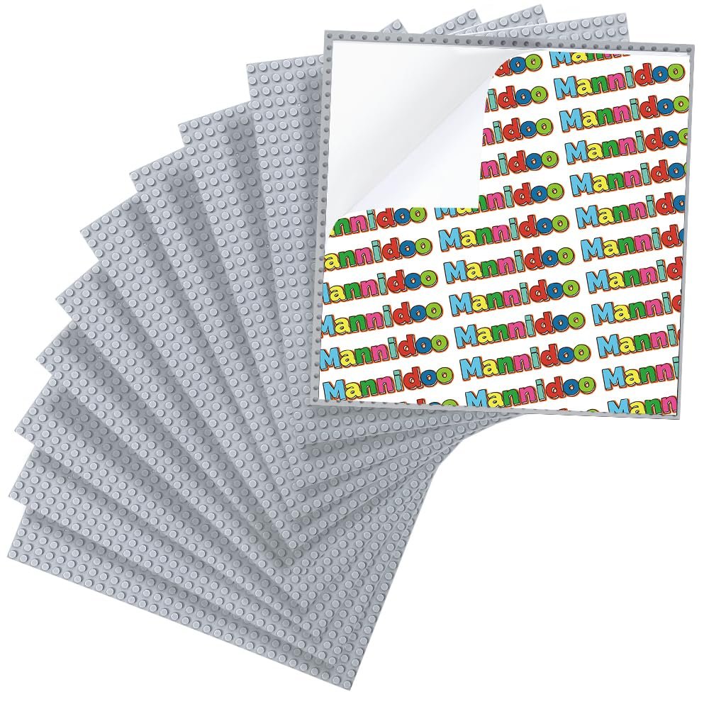 MANNIDOO Peel-and-Stick Baseplates, 10 Packs 10" x 10 Classic Adhesive Building Base Plates for Walls and Tables - Compatible with All Major Brands (Light Grey)