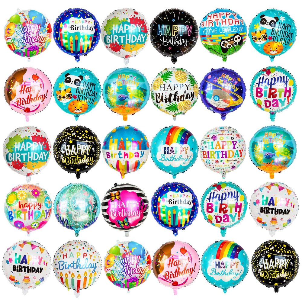 100 Pcs Happy Birthday Foil Balloons, 18IN Round Birthday Mylar Balloons for Party Decoration Supplies (20 Style)