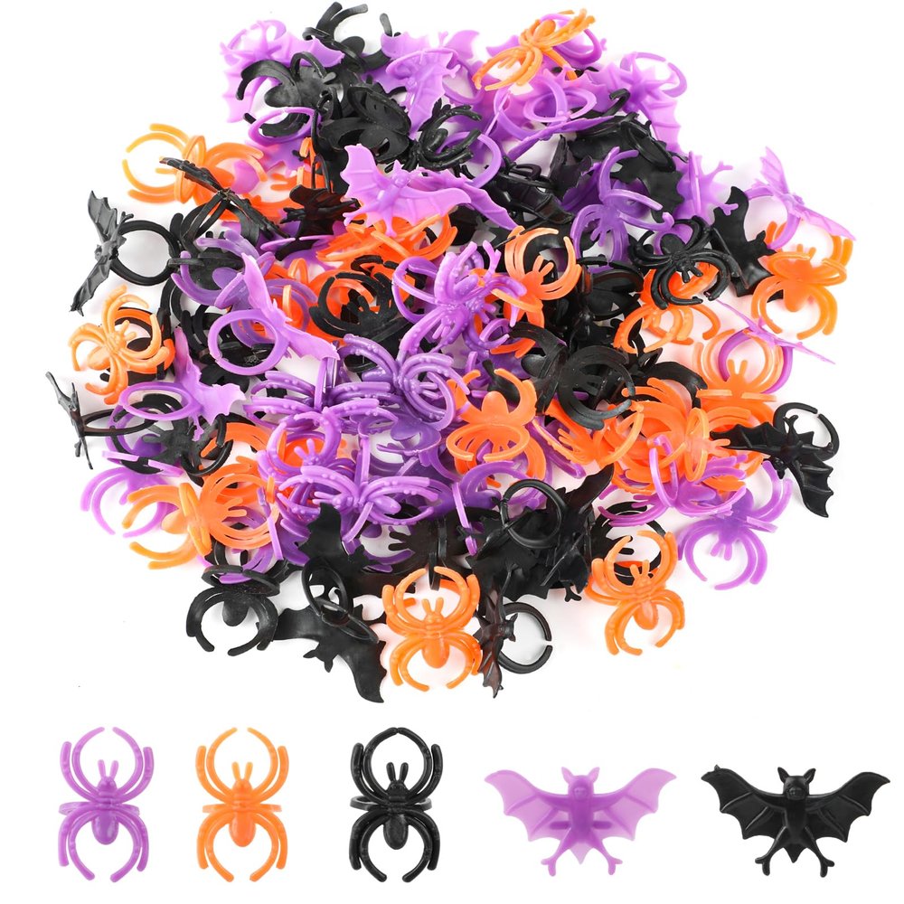 FOIMAS 100pcs Halloween Party Favor Spider Ring Plastic Spider Bat Ring Cupcake Topper for Trick or Treat Halloween Party Favor Home Decoration