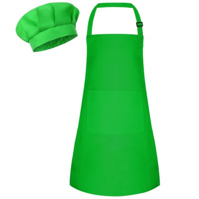 Bouiexye 1 Set Kids Apron and Chef Hat Set Children Apron Adjustable with 2 Pockets Children Chef Painting for Cooking Baking Painting Crafts Making (Green)