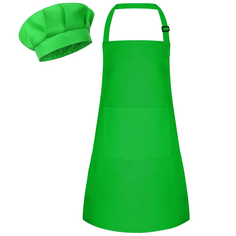 Bouiexye 1 Set Kids Apron and Chef Hat Set Children Apron Adjustable with 2 Pockets Children Chef Painting for Cooking Baking Painting Crafts Making (Green)