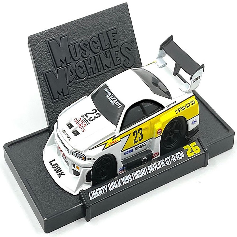 1999 Nissan Skyline GT-R R34 Super Silhouette #23 White with Graphics Liberty Walk 1/64 Diecast Model Car by Muscle Machines