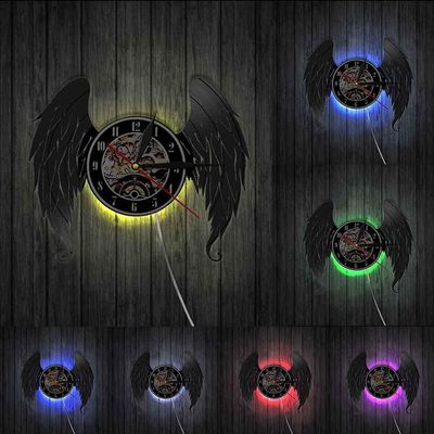 YanGxx Elegant Angel Wings Home Art Decor Wall Clock Angels Vinyl Record Wall Clock Guardian Angel Baby Room Nursery Silent Wall Watch with LED, Black
