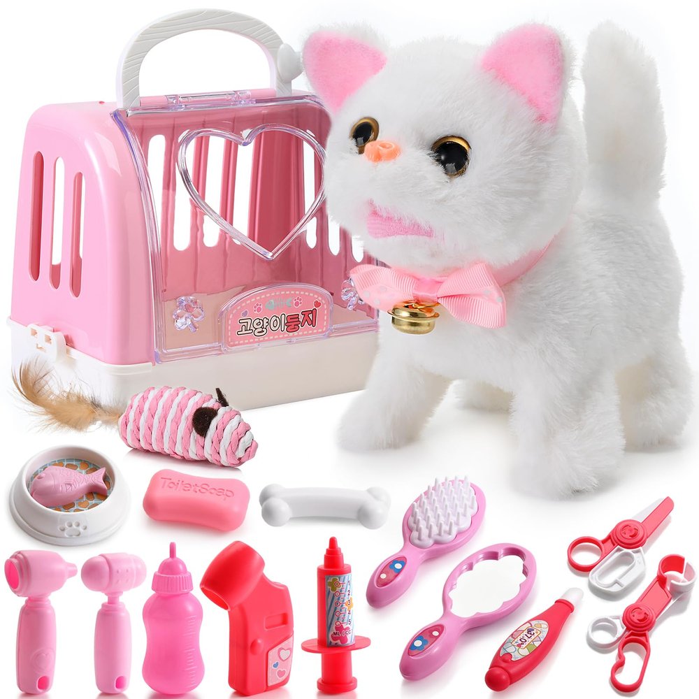 WorWoder 15PC Robot Plush Electronic Interactive Cats That Move and Meow Walking Wagging Lifelike Stuffed Kitten Toy pet for Girls Kid Parts (White)