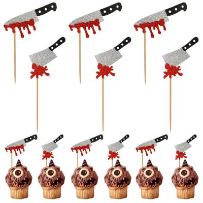 12 pcs Knife Cupcake Toppers, Halloween Cake Decorations, Glitter Horror Blood Knife Cupcake Toppers, Halloween Cupcake Decorations, Bloody Knife Cupcake Picks for Have a Killer Birthday, Horror Movie