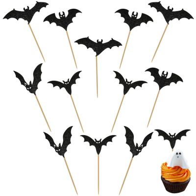 12 Pcs Halloween Cupcake Toppers, Halloween Bat Cake Decorations, Black Glitter Bat Cupcake Party Decorations, Cupcakes Picks Food Picks for Halloweens Theme Party, Bats Birthday, Baby Shower