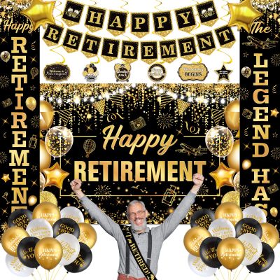 38PCS Black Gold Retirement Decorations for Men Women Black Gold Happy Retirement Banner Balloons Sash and Swirls The Legend Has Retired Porch Door Banner for Retirement Party Supplies
