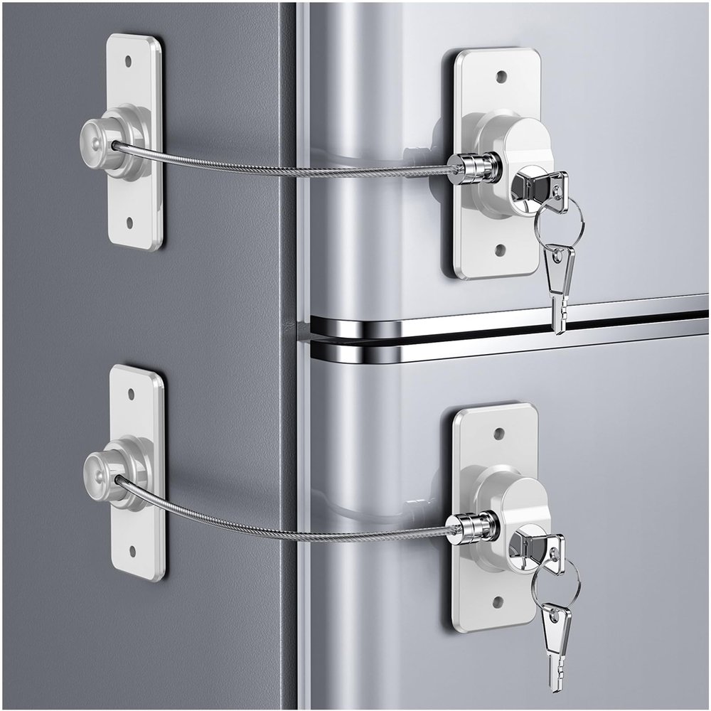 2 Pack Refrigerator Door Lock with Adhesive, No Tools Required, Child Proof Fridge Door Lock for Kids and Pets, Self Adhesive Latch for Freezer, Cabinets, Drawers, Air Oven, Windows (Patent)