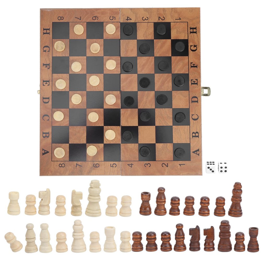 3 in 1 Chess Checkers Set, Wooden Chess & Checkers Set, Folding Carrying Case Travel Chess Set for Kids and Adults, Classic Large Size with Chess Pieces