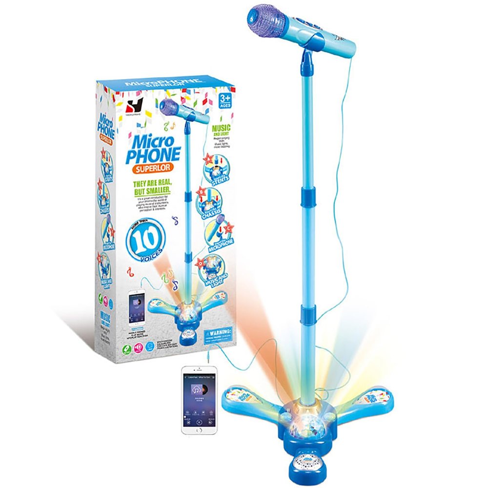 Funvalley Surperfect Kids Karaoke Machine with Adjustable Stand,Kids Microphone Music Sing Along with Flashing Stage Light and Pedals Gift for Kids (Blue)