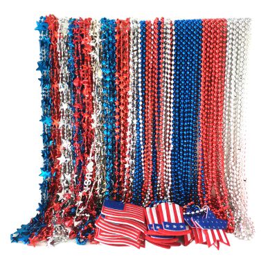 Voopurbic 100 Pcs 4th of July Bead Necklaces, Blue Red Silver Patriotic Beaded Necklaces Parade Necklaces Bulk For Independence Day, 4th of July Decoration, Veteran Day Decor