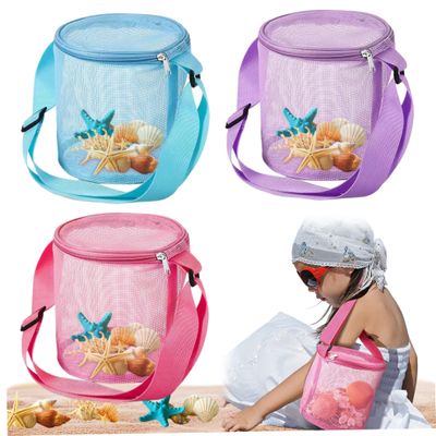 3Pcs Beach Bag Large Capacity Collecting Bag Cylindrical Mesh Beach Bag, Sand Toy Bag With Adjustable Carrying Straps And Zippers For Boys And Girls