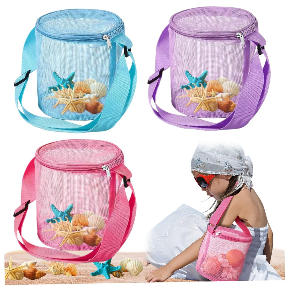 3Pcs Beach Bag Large Capacity Collecting Bag Cylindrical Mesh Beach Bag, Sand Toy Bag With Adjustable Carrying Straps And Zippers For Boys And Girls