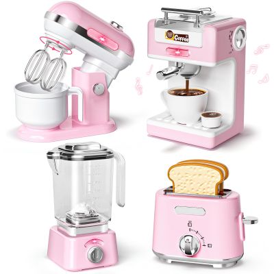 Kids Kitchen Toys Set, BPA-Free 7 Piece Pretend Play Appliances with Light Sound, Coffee Maker Blender Stand Mixer Toaster for Toddlers Ages 3 Plus, Educational Role Play Gift (Pink)