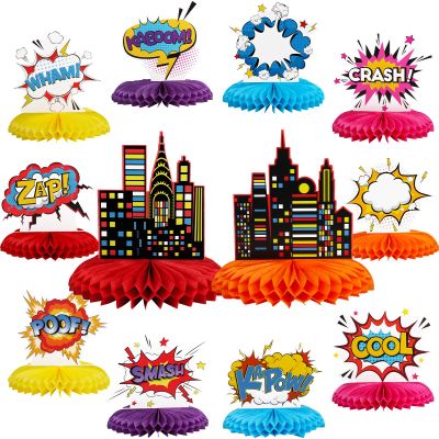 12PCS Hero Party Decoration Hero Honeycomb Centerpieces 3D Hero Table Topper Paper Large Word Centerpieces Hero Action Sign Standing Cards for Happy Birthday Baby Shower Party Supplies