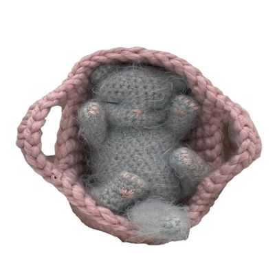 Fluffy Sleeping Kitten Grey toy. Realistic Newborn Cat in the pink basket | crib. Crochet Handmade Gift for Toddlers.