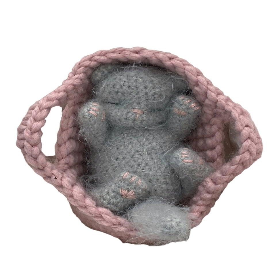 Fluffy Sleeping Kitten Grey toy. Realistic Newborn Cat in the pink basket | crib. Crochet Handmade Gift for Toddlers.