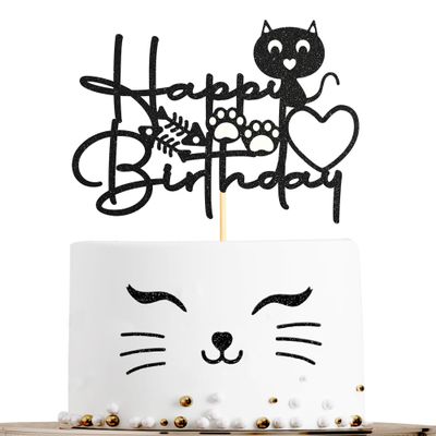 Sotpot 1PC Cat Birthday Cake Topper Black Glitter Kitten Cake Picks for Cat Kitten Theme Baby Shower Kids Birthday Decoration Supplies