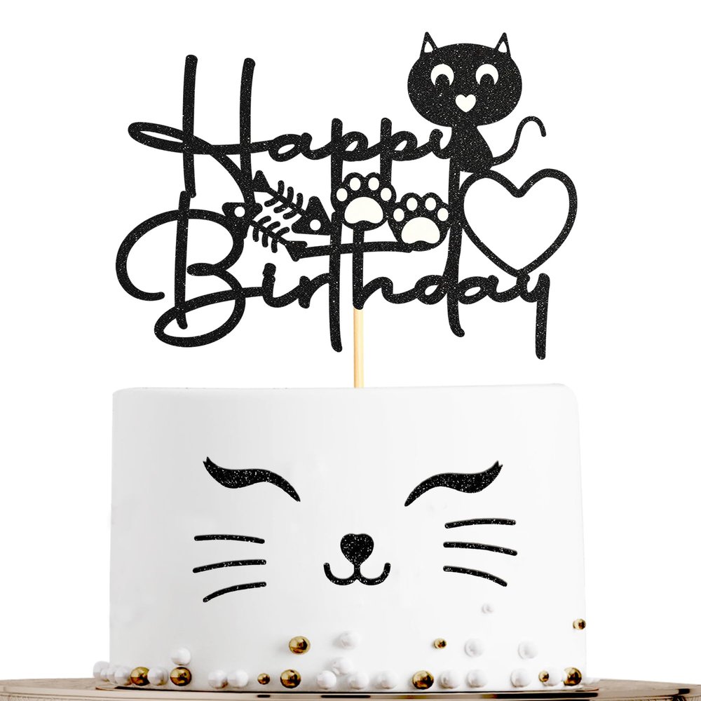 Sotpot 1PC Cat Birthday Cake Topper Black Glitter Kitten Cake Picks for Cat Kitten Theme Baby Shower Kids Birthday Decoration Supplies