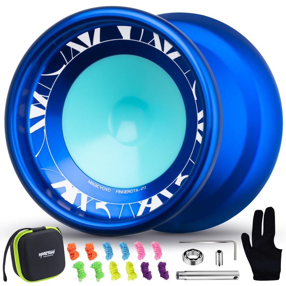 MAGICYOYO V11 FINGEROTA Professional Finger Spin Yoyo - Dual Purpose Trick Yoyo Unresponsive & Responsive Yo Yo for All Levels +Yo Yo Glove + 12 Replacement Strings +Storage Case (Dark Blue)