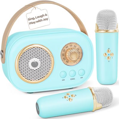 PRUNUS C20 Mini Karaoke Machine,Valentines Day Gifts for Her Him Kids Mens,Portable Bluetooth Speaker with 2 Wireless Microphone for Boys Girls 3-12+ Years Old Birthday Party Blue