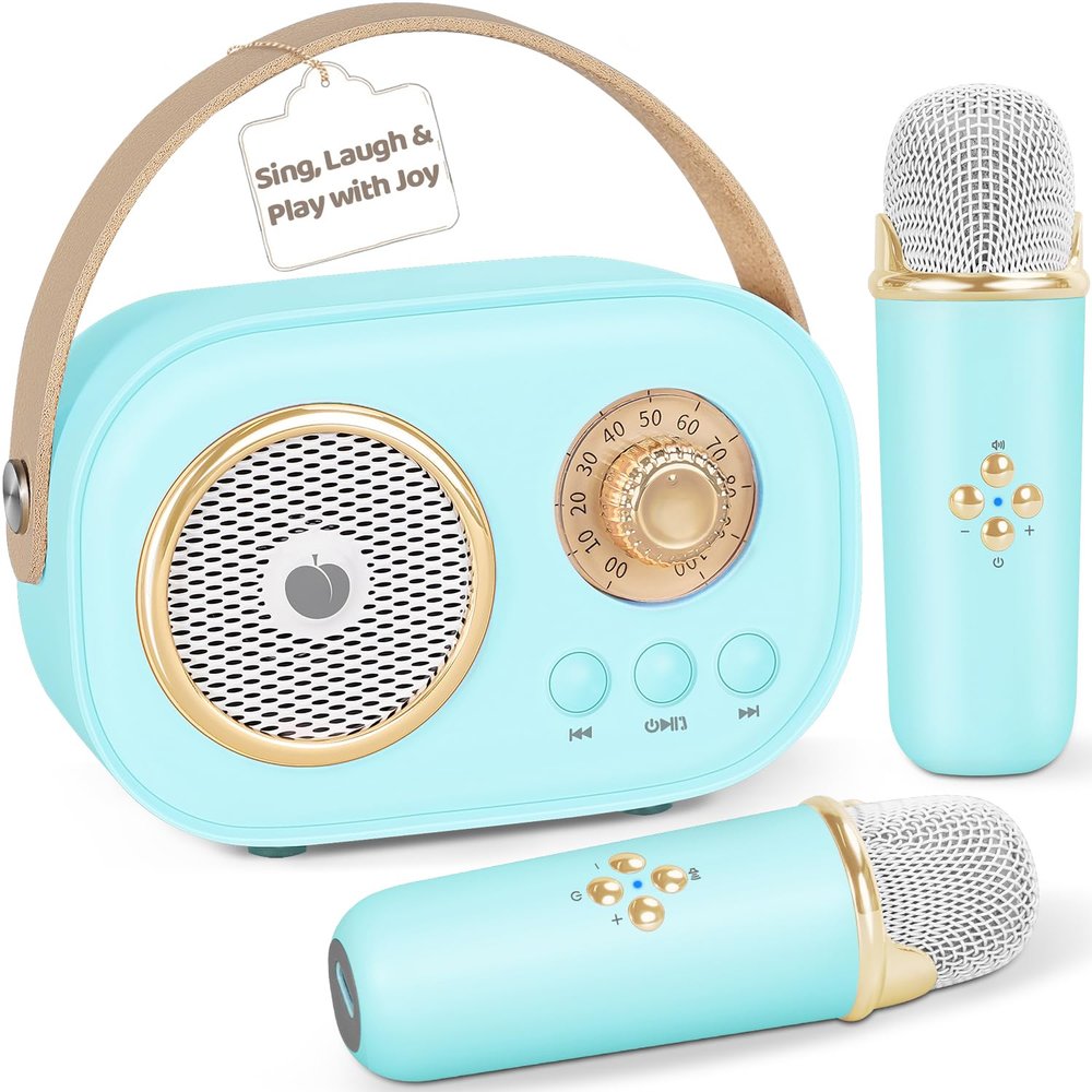 PRUNUS C20 Mini Karaoke Machine,Valentines Day Gifts for Her Him Kids Mens,Portable Bluetooth Speaker with 2 Wireless Microphone for Boys Girls 3-12+ Years Old Birthday Party Blue