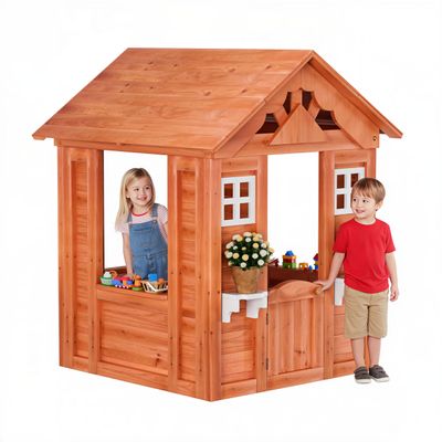 Veemuaro Wooden Outdoor Playhouse, Outdoor Playhouse for Kids with 2 Windows and Flowerpot Holder, Cottage Playhouses for 3-8 Age Boy or Girl, Backyard, Lawn, Garden