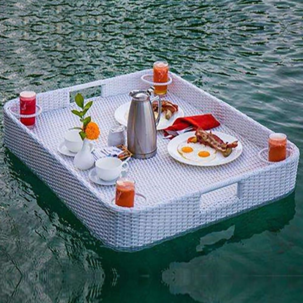 Floating Tray for Pool, Rattan Floating Breakfast Tray with Handles, Swimming Pool Floats, Perfect for Pool Parties and Relaxing (Color : White)