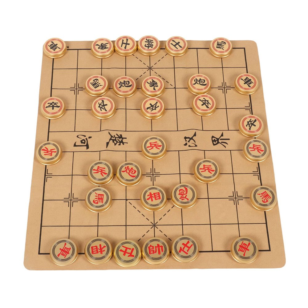XHTLLO Traditional Chinese Chess Set, Portable Xiangqi Strategy Board Game for 2 Players with Foldable Chessboard and Gold Chess Box, Educational and Entertaining Family Gathering