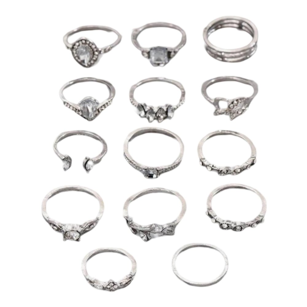 15-Piece Silver-Tone Adjustable Ring Set, Stackable Midi Knuckle Rings With Mixed Designs, Costume Jewelry Ring Set For Dress-Up And Everyday Style