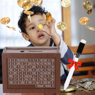 2024 New Retro Brown Wooden Cash Vault Savings Box,with a Pen Wooden Cash Saver Money Saving Box,Portable Storage Coin Counter Piggy Bank,for Adults Gift (USD, 1000)