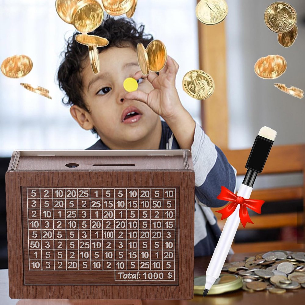 2024 New Retro Brown Wooden Cash Vault Savings Box,with a Pen Wooden Cash Saver Money Saving Box,Portable Storage Coin Counter Piggy Bank,for Adults Gift (USD, 1000)