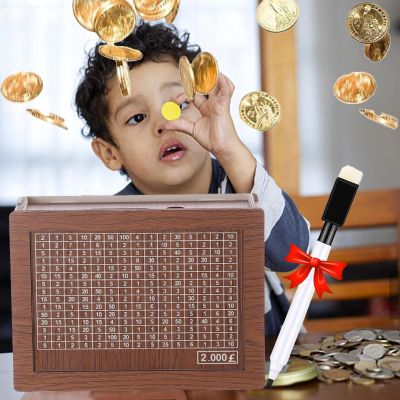 2024 New Retro Brown Wooden Cash Vault Savings Box,with a Pen Wooden Cash Saver Money Saving Box,Portable Storage Coin Counter Piggy Bank,for Adults Gift (Pound, 2000)