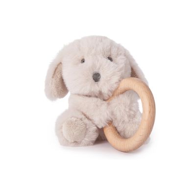 Elegant Baby Luxury Plush Puppy Wooden Ring Rattle Toy for Baby, Soft, Cuddly, and Soothing