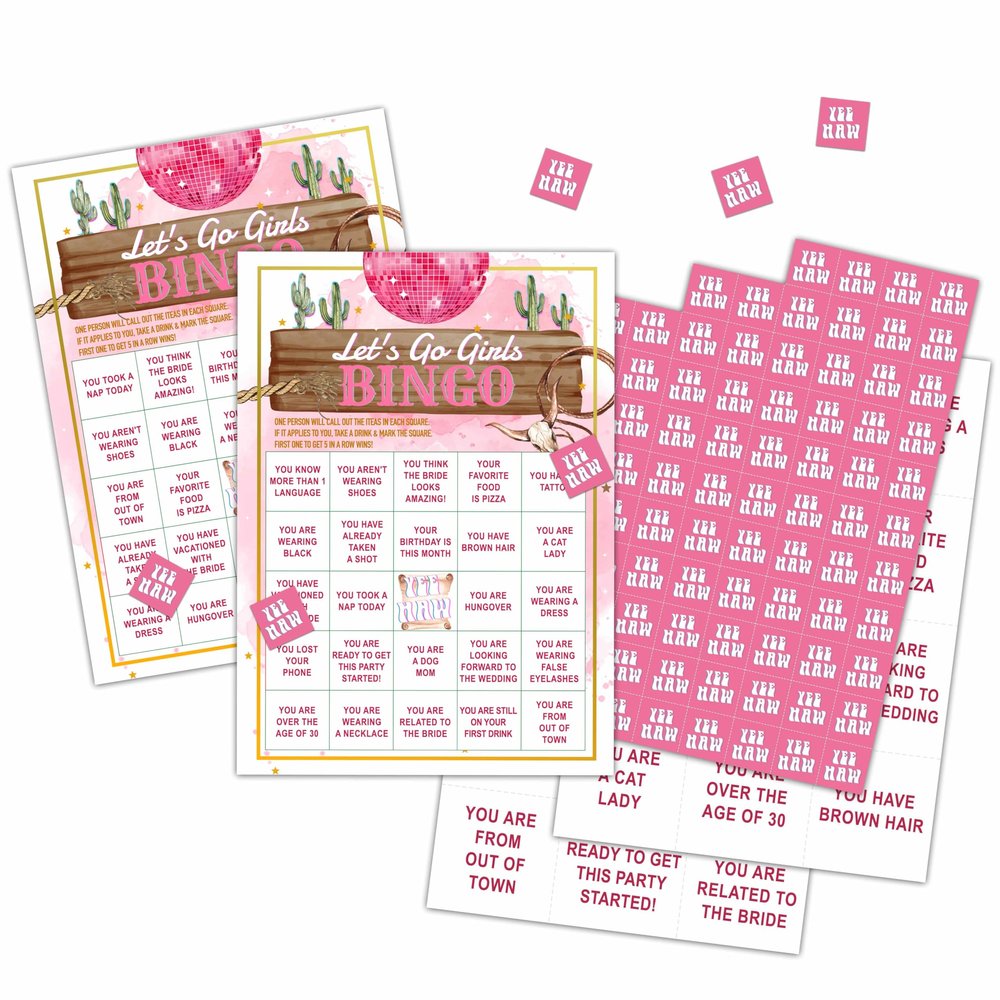 Chuxvon Cowgirl Bingo Cards, Western Cowgirl Theme Game for 24 Players, Bingo Activities for Adult, Pink Disco Bachelorette Party Favors Supplies Decorations(05)