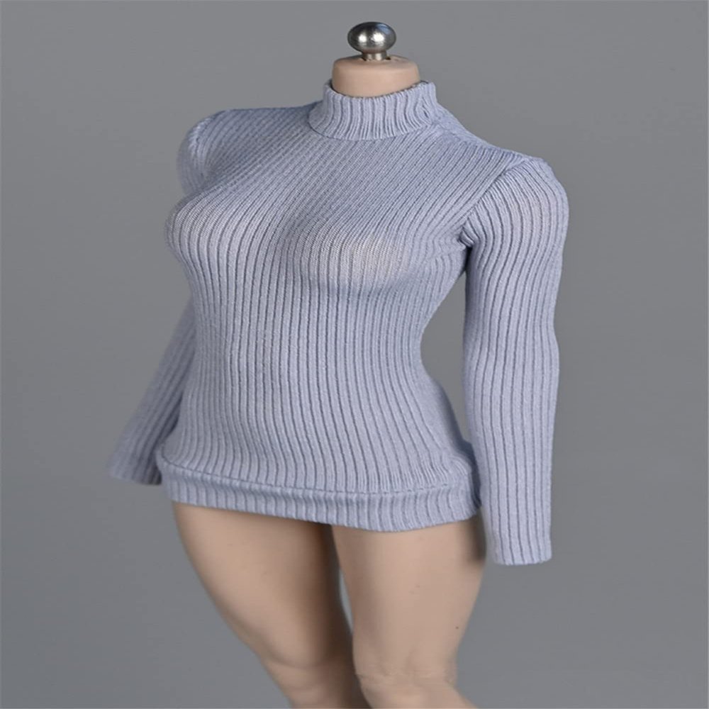 1/12 Scale Female Figure Clothes,Female Stretch Tight Sweater Thick Striped Bottoming Shirt Costume for 6inch Action Figure (Gray-Blue)