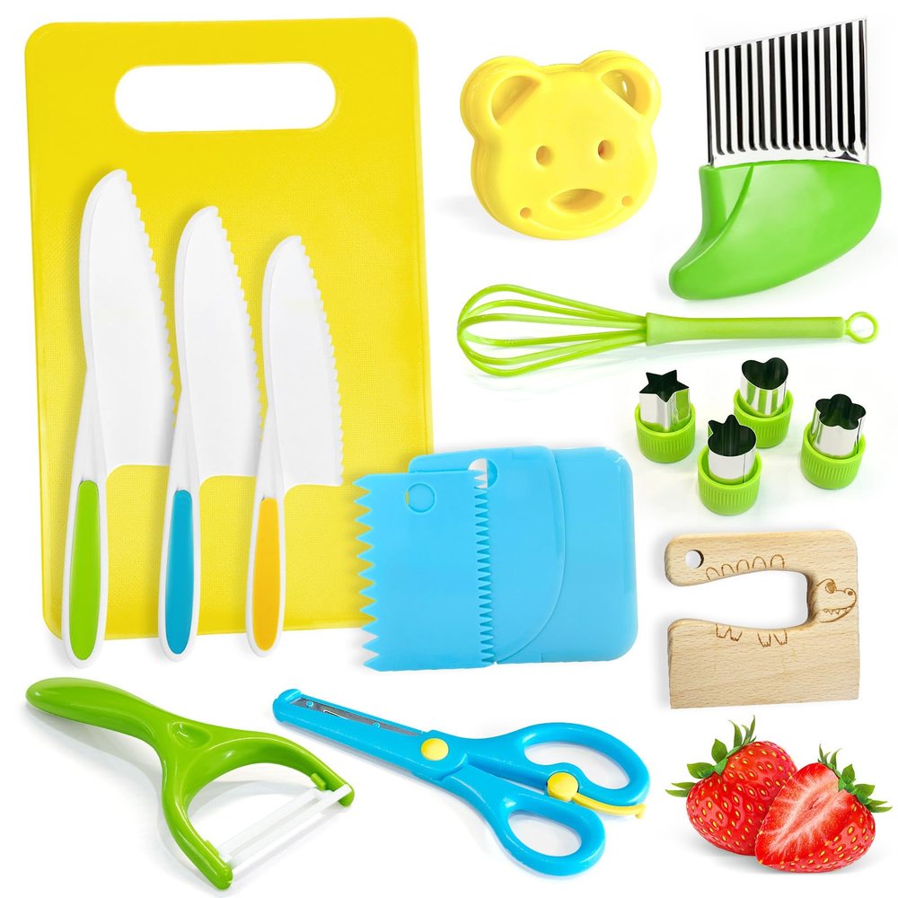 Chanking 17 Pieces Kids Safe Knife Set for Real Cooking Child-Friendly Plastic Chef Tools Montessori Kitchen Toys for Toddlers Birthday Gifts for Boys and Girls Ages 4+ (A)
