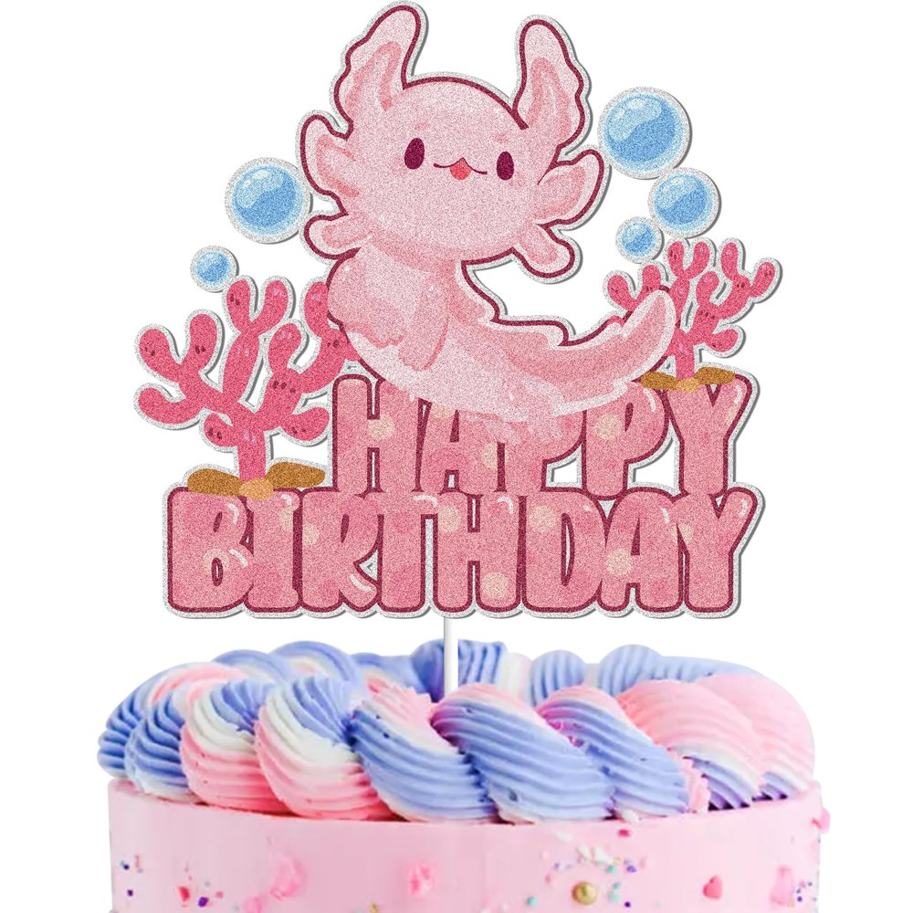 Axolotl Happy Birthday Cake Topper Pink Glitter Hexagonal Dinosaur Aquatic Creature Cake Decoration Salamander Under the Sea Fish Animal Birthday Party Supplies Kids Boy Girl