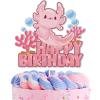 Axolotl Happy Birthday Cake Topper Pink Glitter Hexagonal Dinosaur Aquatic Creature Cake Decoration Salamander Under the Sea Fish Animal Birthday Party Supplies Kids Boy Girl view 1